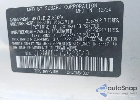 2025 Subaru Crosstrek Premium z USA, uszkodzony, nr VIN JF2GUHDC7S8223549